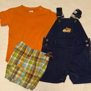 GYMBOREE I DIG TRUCKS DUMP TRUCK OVERALLS PLAID SHORTS & BODYSUIT 12-18 MONTHS